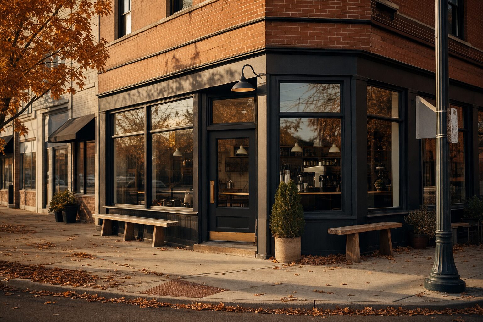 A neighborhood coffee shop storefront on a warm afternoon